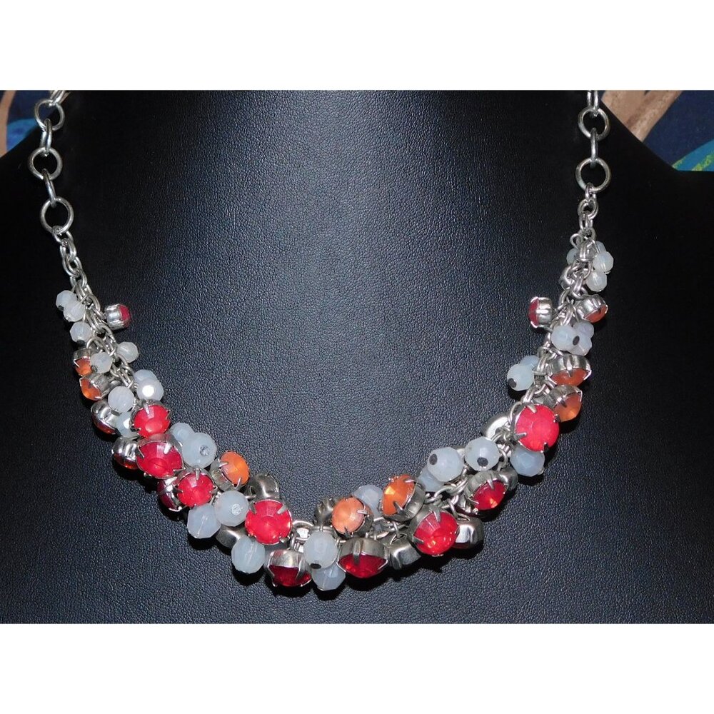 Retro Red And White Gemmed Cluster Necklace